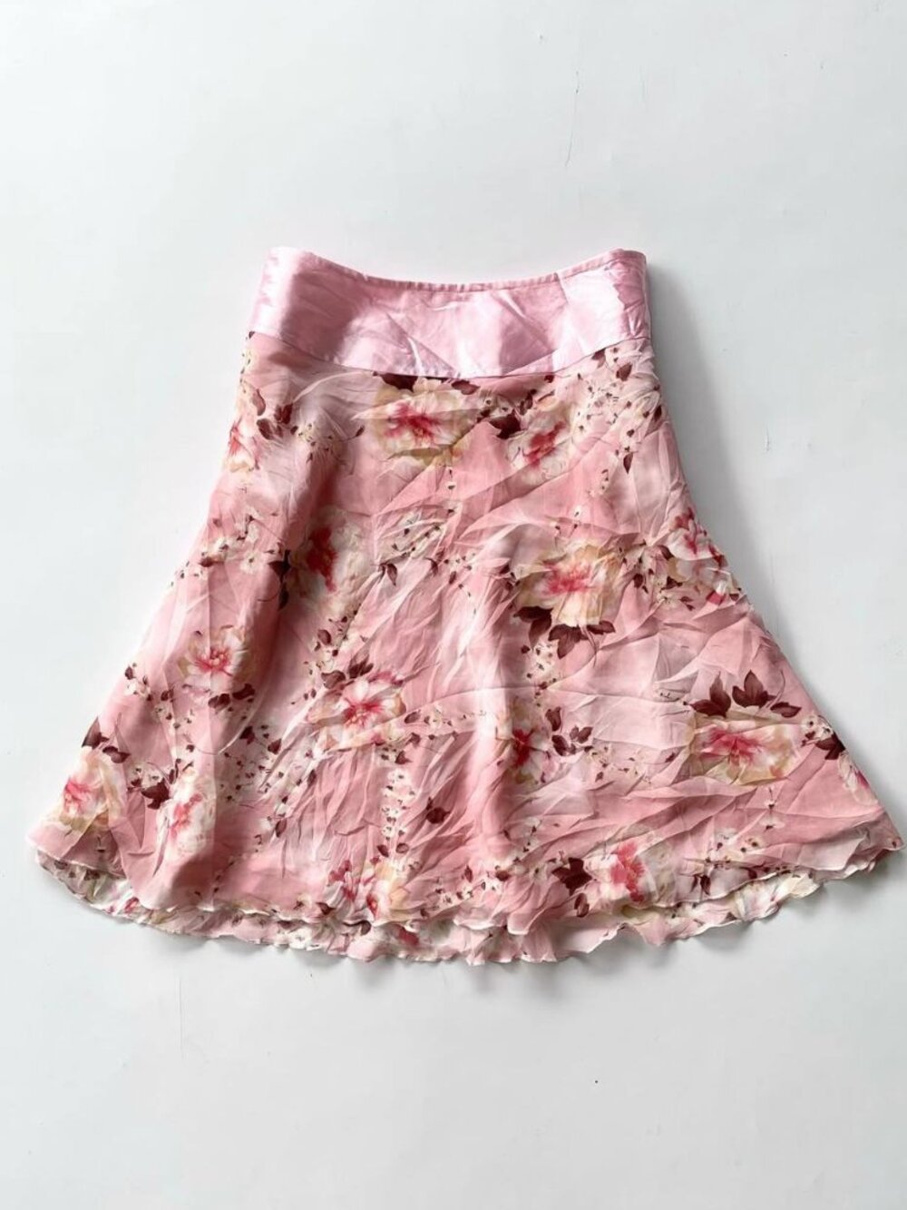 Pink Floral Midi Skirt Satin Finish Romantic Y2K Vintage A-Line Skirt - Picture 2 of 5